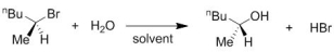 <strong>For the reaction shown, which one of the following statements is correct. </strong> A) This is an S<sub>N</sub>2 reaction which is accelerated in non-polar solvent. B) This is an S<sub>N</sub>2 reaction which is accelerated in polar solvent. C) This is an S<sub>N</sub>1 reaction which is accelerated in non-polar solvent. D) This is an S<sub>N</sub>1 reaction which is accelerated in polar solvent.