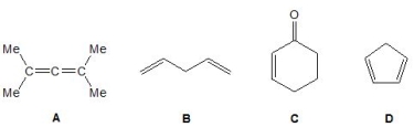 <strong>Which of the following molecules exhibit conjugation? Please select all that apply. </strong> A) A B) B C) C D) D