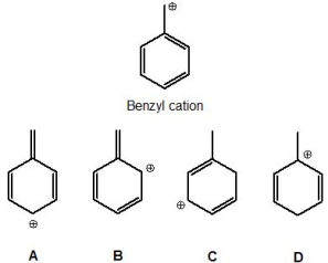 <strong>Which of the following structures do not contribute to the resonance hybrid of a benzyl cation? Please select all that apply. </strong> A) A B) B C) C D) D