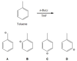 <strong>Toluene can be deprotonated using n-BuLi in THF; pick out its conjugate base: </strong> A) A B) B C) C D) D