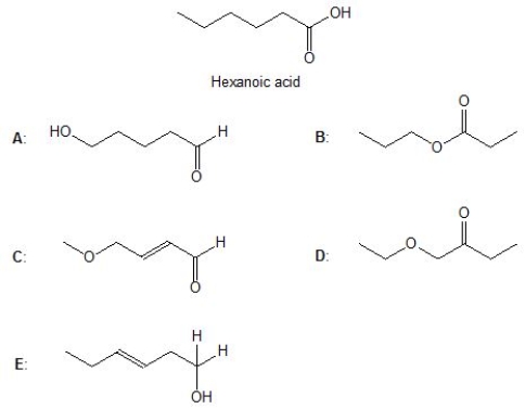 <strong>From molecules, A-E, pick out the functional group isomers for hexanoic acid. Please select all that apply. </strong> A) Molecule A B) Molecule B C) Molecule C D) Molecule D E) Molecule E