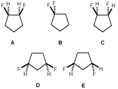<strong>From the following molecules, A-E, pick out the one which is achiral: </strong> A) Molecule A B) Molecule B C) Molecule C D) Molecule D E) Molecule E