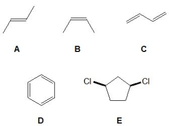 <strong>From the following molecules, A-E, pick out those with a plane of symmetry. Please select all that apply. </strong> A) MoleculeA B) Molecule B C) Molecule C D) Molecule D E) Molecule E
