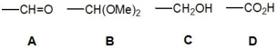 <strong>Using the Cahn-Ingold-Prelog (CIP) nomenclature, arrange the following groups, A-D, in order of decreasing priority (highest priority at the left): </strong> A) A > C > B > D B) D > A > B > C C) B > A > D > C D) C > A > B > D E) D > B > A > C