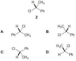 <strong>For the following molecule, Z, pick out its enantiomer from molecules A-D: </strong> A) A B) B C) C D) D