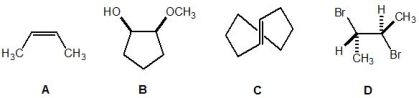 <strong>From the following molecules, A-D, pick out the one which is meso: </strong> A) Molecule A B) Molecule B C) Molecule C D) Molecule D