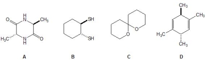 <strong>From the following molecules, A-D, pick out those that are chiral. Please select all that apply. </strong> A) Molecule A B) Molecule B C) Molecule C D) Molecule D