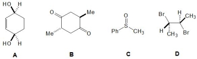 <strong>From the following molecules, A-D, pick out the one which is chiral and contains at least one chiral centre: </strong> A) Molecule A B) Molecule B C) Molecule C D) MoleculeD