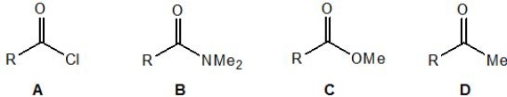 <strong>Match the following aliphatic molecules to their infrared carbonyl stretching frequency: -1815 cm<sup>-1</sup></strong> A) A B) C C) D D) B