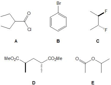 <strong>From the following molecules, pick out those which do not have four proton signals in their <sup>1</sup>H NMR spectrum. Please select all that apply. </strong> A) A. B) B. C) C. D) D. E) E.