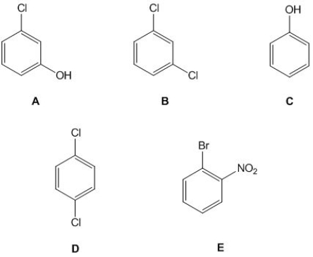 <strong>From the following molecules, pick out those which have six carbon signals in their <sup>13</sup>C NMR spectrum. Please select all that apply. </strong> A) A. B) B. C) C. D) D. E) E.
