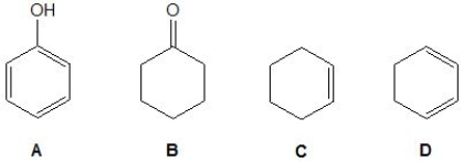 <strong>For an unknown compound, its proton and carbon NMR spectra showed three proton and four carbon signals, respectively. Pick out this unknown compound from the following molecules. </strong> A) A. B) B. C) C. D) D.