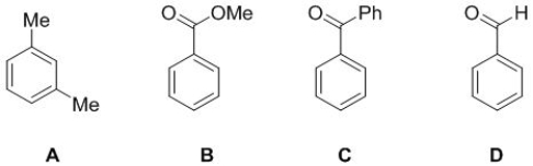 <strong>Select the molecule from the following structure that will have 6 carbon peaks, 4 hydrogen peaks in its NMR spectra. </strong> A) A B) B C) C D) D