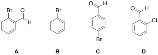 <strong>Based on the information given, select the molecule to which it fits best. 7 carbon and 5 hydrogen peaks in its NMR spectra. MS 183.95 (100 %), 185.95 (100 %). IR frequency at 1740 cm<sup>-1</sup> </strong> A) A B) B C) C D) D