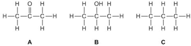 <strong>Which of the following full structural formulae depictions has the condensed structure CH<sub>3</sub>CH(OH)CH<sub>3</sub>? </strong> A) A B) B C) C