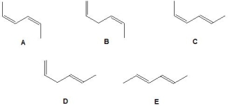 <strong>Pick out the diene which has one cis C=C bond and one trans C=C bond: </strong> A) A B) B C) C D) D E) E