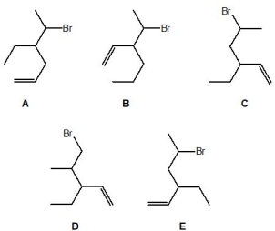 <strong>Which of the following molecules is 5-bromo-4-ethylhex-1-ene? </strong> A) A B) B C) C D) D E) E