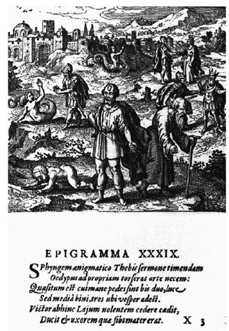 <strong>  This representation of Oedipus is taken from Atalanta Fugiens (1617), a work by _______ in which he argues for reading myths as alchemical allegories.</strong> A) Sandro Botticelli B) Bernard Fontenelle C) Michael Maier D) Andrew Lang <div style=padding-top: 35px> 