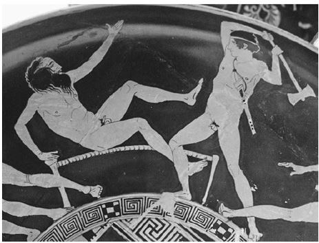 <strong>  Theseus is shown here defeating which of the six infamous bandits and killers who plagued the road from Troezen to Athens?</strong> A) Sciron B) Sinis C) Procrustes D) Periphetes <div style=padding-top: 35px> 