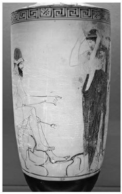 <strong>  Hermes is depicted on the left here in what capacity?</strong> A) As psychopompos B) As thanatophoros C) As aoidos D) As a follower of Orpheus <div style=padding-top: 35px> 