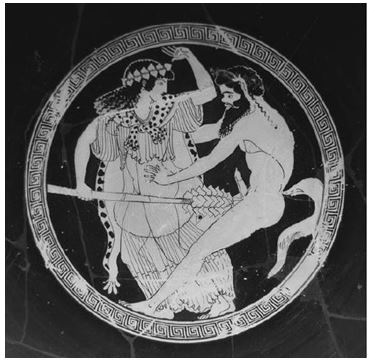 <strong>  Who are represented here?</strong> A) Semelê and Zeus B) Ariadnê and Pan C) A maenad and a satyr D) Artemis and Pan <div style=padding-top: 35px> 