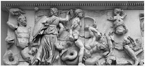 <strong> This sculpture group from the Great Altar at Pergamum depicts the Greek gods fighting against _______.</strong> A) Gorgons B) the Titans C) Typhoeus D) Giants