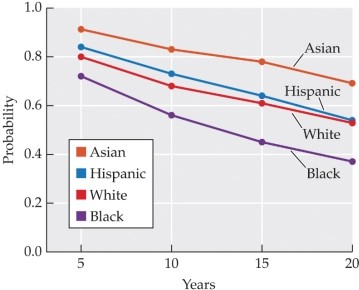 <strong>Refer to the figure. This graph shows the probability that couples of each race/ethnicity will remain married over time. From top to bottom, the lines reflect Asian, Hispanic, white, and Black couples. What conclusion can you draw from this data?</strong> A) Asians are more likely to get married than people of other races/ethnicities. B) Asians are less likely to get divorced than people of other races/ethnicities. C) Asians are more happily married than people of other races/ethnicities. D) For people of all ethnicities, divorce rates drop off after 10 years of marriage. E) For people of all ethnicities, divorce rates rise sharply after 10 years of marriage.