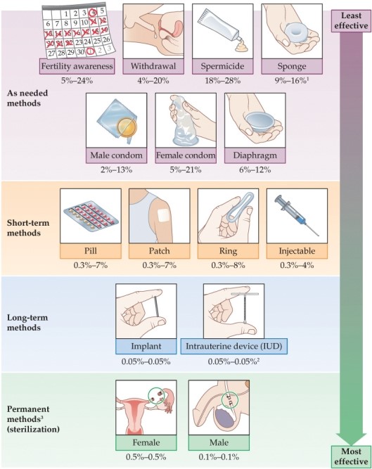 <strong>Refer to the figure. This figure indicates failure rates for perfect use (left) and typical use (right). Based on the figure, which of the following contraceptive methods has the lowest user error?</strong> A) Male condom B) Diaphragm C) Pill D) Injectable E) Implant