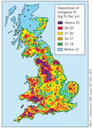 <strong>Refer to the figure. This figure shows spatial patterns of N deposition in Great Britain. What is the most likely change in carbon cycling in Great Britain as a result of changes in N cycling?</strong> A) Increases in net primary production in northern Great Britain B) Increases in net primary production in western Great Britain C) Decreases in net primary production in southeastern Great Britain due to nitrogen saturation D) Eutrophication and increased aquatic productivity in northern Great Britain