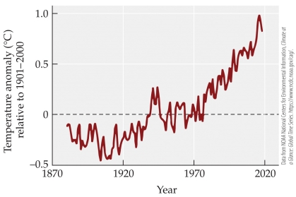 <strong>Refer to the figure. The figure shows mean annual global temperature anomalies between 1880 and 2019. -Prior to 1970, over which 20-year period did the global temperature rise the most?</strong> A) 1881-1900 B) 1901-1920 C) 1921-1940 D) 1941-1960