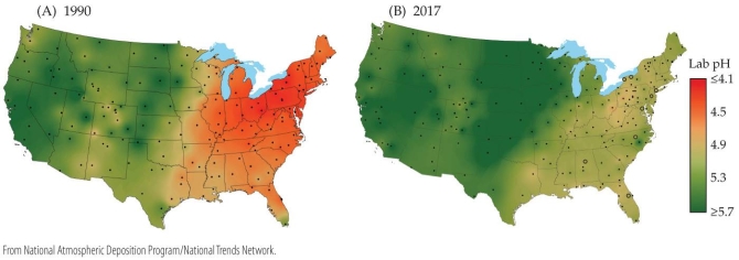 <strong>Refer to the figure. The figure shows the pH of precipitation in the United States in 1990 (left) and 2017 (right). The acidity of precipitation during both time periods was most extreme in the _______ part of the country, and the acidity of precipitation in this area _______ between 1994 and 2004.</strong> A) eastern; increased B) eastern; decreased C) western; increased D) western; did not change