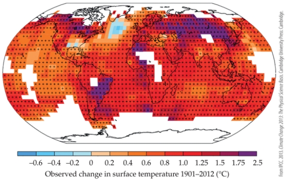 <strong>Refer to the map. The map shows the temperature change in °C across different regions of the globe from the averages of 1901‒2012. According to the map, how much warmer is Paris in 2012 than in 1901?</strong> A) 0.2 °C B) 0.8 °C C) 1.5 °C D) 2.5 °C