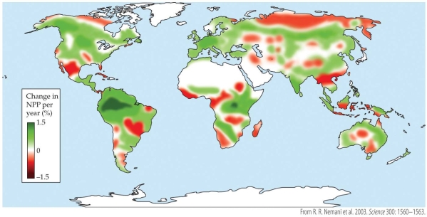 <strong>Refer to the map. The map shows the changes in NPP (per year) between 1982 and 1999. Which place has seen the largest increase in NPP?</strong> A) Central Mexico B) Spain C) The Amazon D) Central Australia