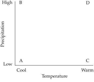 <strong>Refer to the figure. The figure shows the relationship between temperature and precipitation in different climate regimes (points A‒D). In which climate regime would you expect rates of weathering and leaching to be the highest?</strong> A) Regime A B) Regime B C) Regime C D) Regime D
