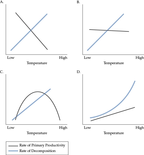 <strong>Refer to the figure. Which figure best illustrates the relationship between temperature and primary productivity and temperature and rates of decomposition?</strong> A) Figure A B) Figure B C) Figure C D) Figure D