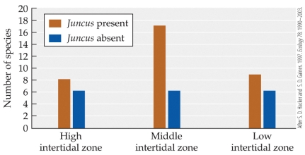 Refer to the figures. Figure 1 Figure 2 Figure 1 depicts Hacker and Gaines' tests of the role of positive interactions in the intermediate disturbance hypothesis and Figure 2 depicts their theoretical model. They experimentally explored the combined species diversity of plants and arthropods in intertidal communities that varied in disturbance and whether a facilitating rush species, Juncus, was present. What conclusions about the role of positive interactions in determining species diversity can you draw from Figure 1? Do they confirm or refute the theoretical predictions of their model? Explain your reasoning.