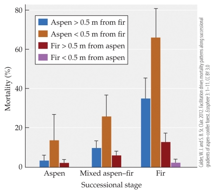 <strong>Refer to the figure. In their work on aspen-fir interactions, Calder and St. Clair claim that aspens are facilitated by the presence of fir trees. From these data, what is the primary evidence for aspen being facilitated by fir?</strong> A) Aspen mortality increases when they are within 0.5 m of a fir tree. B) Fir mortality is highest when at distances greater than 0.5 m from aspen. C) Aspen mortality decreases when they are within 0.5 m of a fir tree. D) Aspen mortality is highest in fir-dominated stands.