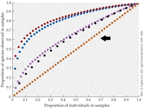 <strong>Refer to the figure. The figure is of a species accumulation curve, based on the studies of Hughes and colleagues. The orange line (indicated by the black arrow) represents the species accumulation curve for which community in the study?</strong> A) Plants in a temperate forest in Michigan B) Human oral bacteria C) Costa Rica moth species D) East Amazonian soil bacteria