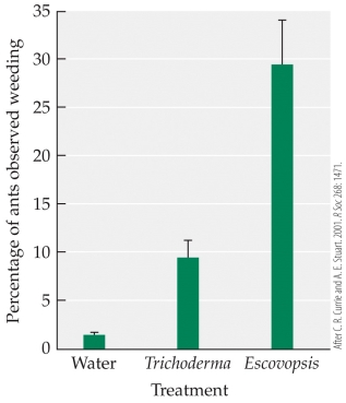 Refer to the figure. Leaf-cutter ant colonies, which farm fungi for food, are often infested with a specialized parasitic fungus called Escovopsis. Under normal conditions, the ants periodically weed their fungal gardens, removing unwanted materials and organisms. The figure illustrates results of an experiment showing what happens to weeding behavior when the ant colony is exposed to water, to Trichoderma (a generalist fungal parasite), and to Escovopsis. What does this figure suggest about the mutualism between leaf-cutter ants and the fungi they farm?