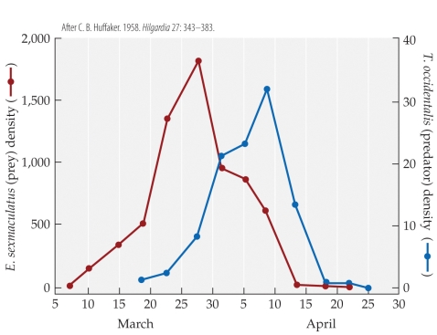 <strong>Refer to the figure. On which date(s) was the predator's density 20?</strong> A) March 30 and April 13 B) March 20 and April 20 C) April 20 only D) March 15
