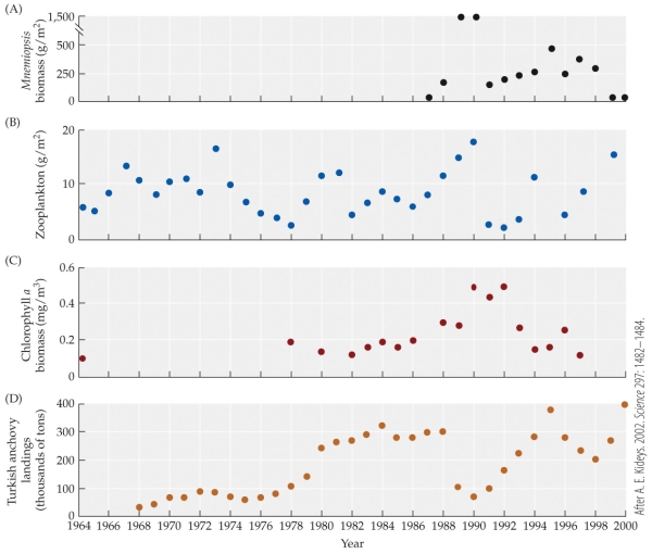 <strong>Refer to the figure. - Based on the figure, which of the following most likely explains the rapid increase in zooplankton between 1996 and 1999?</strong> A) Rapid decrease in chlorophyll a B) Rapid increase in anchovies C) Rapid decrease in Mnemiopsis D) Rapid increase in Mnemiopsis