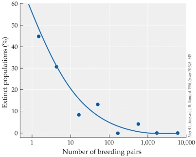 <strong>Refer to the figure. Based on the figure, extinction was a possible outcome for _______ breeding pairs.</strong> A) 10 B) 100 C) 1,000 D) 10,000