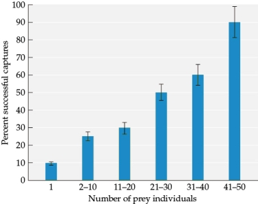 Refer to the figure. Figure 3 You are investigating the benefits that individuals gain from group living. - You collect the data graphed in Figure 3.Answer the following questions: a) When is the predator least successful at catching prey? b) When is the predator most successful at catching prey? c) What is the relationship between the number of prey individuals in a group and the predator's hunting success?