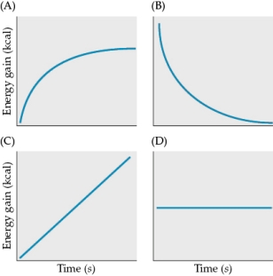 <strong>Refer to the figures. Suppose an animal is foraging in an area with an infinite amount of food. Which figure best depicts the animal's rate of energy gain?</strong> A) Figure A B) Figure B C) Figure C D) Figure D