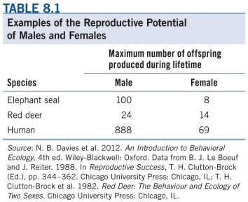 <strong>Refer to the table. If one male elephant seal and one female elephant seal both produced the maximum number of possible offspring during their lifetime, the female would produce _______% as many offspring as the male. (Assume that these two individuals did not reproduce with each other.)</strong> A) 2 B) 8 C) 14 D) 122