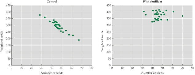 <strong>Refer to the figure.    - Seedlings of an annual plant were split into two equal treatment groups; in one group, extra fertilizer was provided, and in the other group (the control group), no additional fertilizer was added. The numbers of seeds and the average weight of the seeds from each individual plant were monitored, and these data were plotted (each point represents an individual plant). Which statement best describes the results of this study?</strong> A) Trade-offs between seed size and seed number exist in both the control and the fertilizer groups, and these trade-offs are of roughly equal magnitude. B) Trade-offs between seed size and seed number exist in both the control and the fertilizer groups, but these trade-offs are much larger in the fertilizer group. C) A trade-off between seed size and seed number exists in the control group but not in the fertilizer group. D) A trade-off between seed size and seed number exists in the fertilizer group but not in the control group. <div style=padding-top: 35px> 