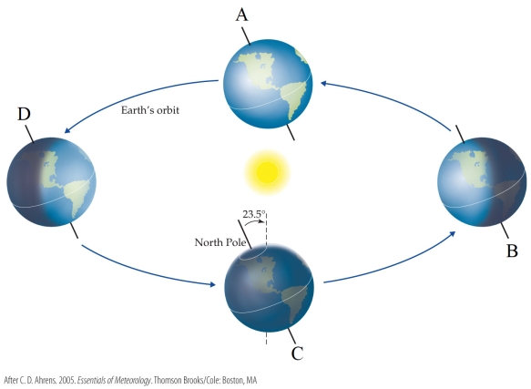 <strong>Refer to the figure. Which statement is true?</strong> A) Position A represents the June solstice, when locations in the southern hemisphere are in darkness for more hours than any other day of the year. B) Position B represents the June solstice, when locations in the southern hemisphere are in darkness for more hours than any other day of the year. C) Position C represents the December solstice, when locations in the southern hemisphere are in darkness for more hours than any other day of the year. D) Position D represents the December solstice, when locations in the southern hemisphere are in darkness for more hours than any other day of the year.