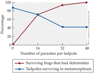 <strong>Refer to the figure.   The figure is based on Johnson's controlled experiment on the effects of trematode parasites on tadpoles. The groups in the experiment were the groups containing a specific and different number of parasites per tadpole (0, 16, 32, 48). Which of these groups is the control group?</strong> A) 0. B) 16 C) 32 D) 48 <div style=padding-top: 35px> 