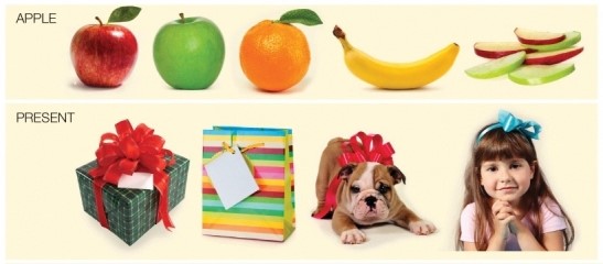 Refer to the figure. For each set of images, describe some of the challenges that children are faced with in deciding which features to use to form an understanding of which objects the names apple and present apply to.