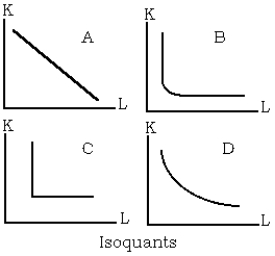<strong>Use the following to answer questions below: -Refer to the isoquant graphs. Which of the four graphs shows an isoquant where capital (K) and labor (L) are perfect substitutes?</strong> A) Graph A B) Graph B C) Graph C D) Graph D